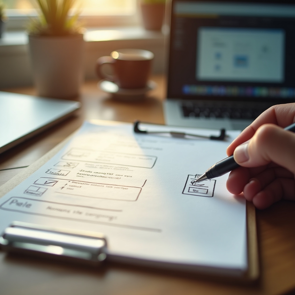 Printed checklist on a clipboard resting on a desk beside a laptop showing a website structure diagram