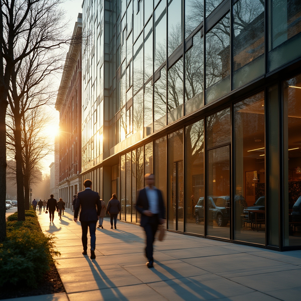 Exterior of a modern glass office building along a tree-lined street in Philadelphia during late afternoon light