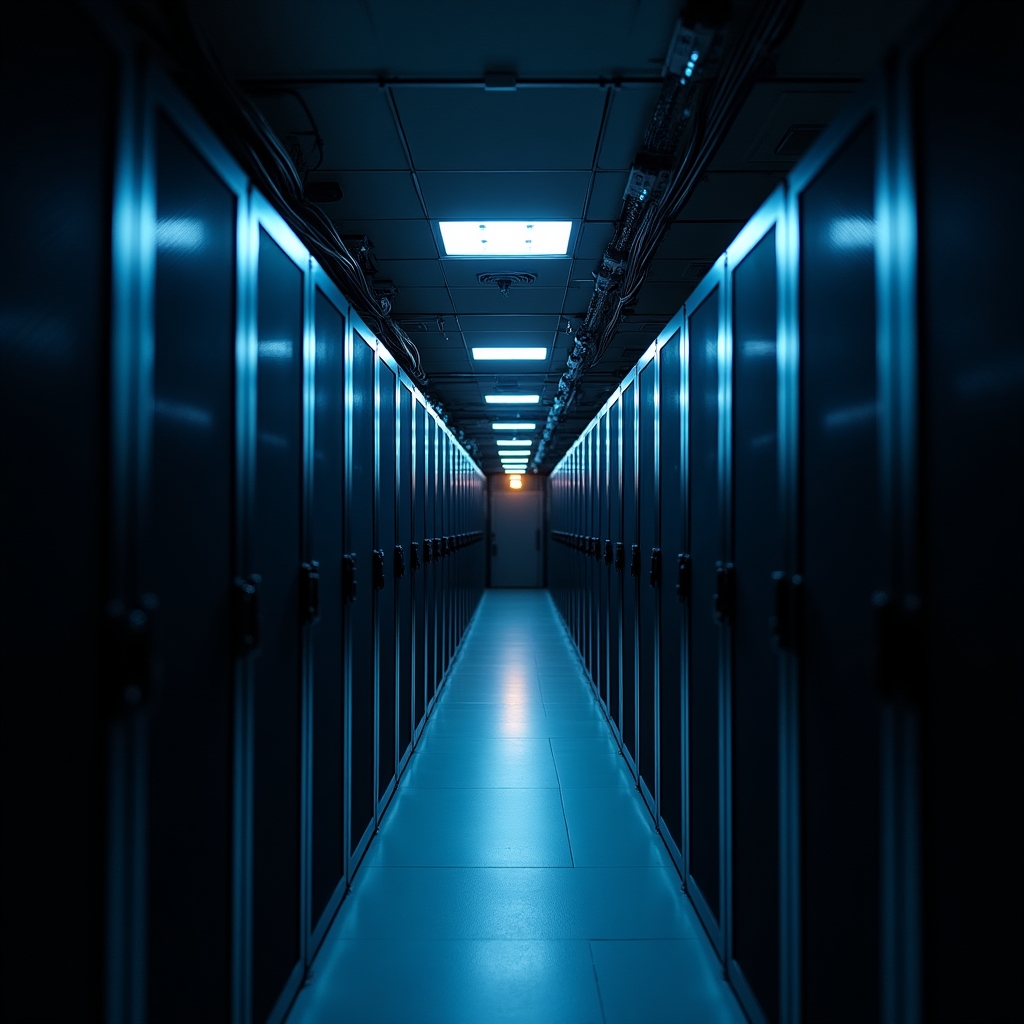 Corridor between server racks in a data center with cool blue ambient lighting and cables running along the ceiling