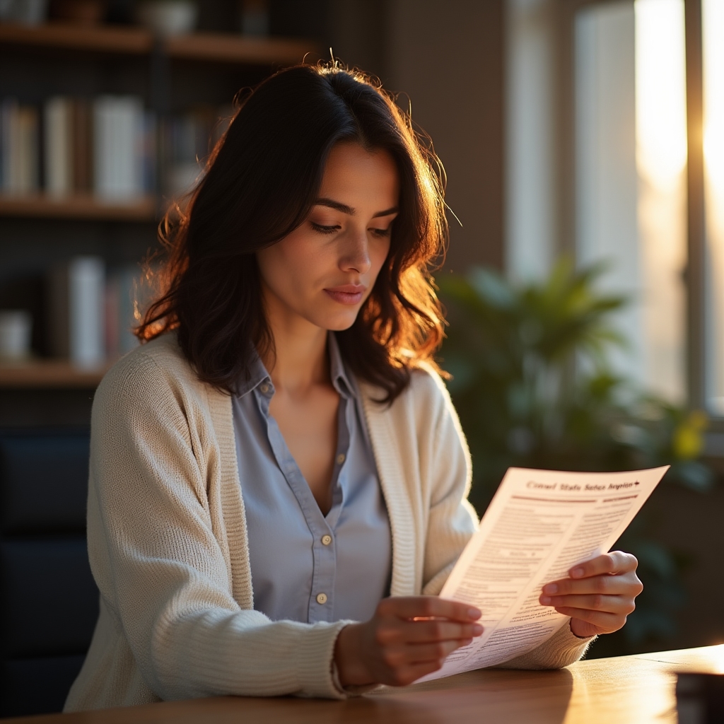 A woman in her early forties reviewing a printed Search Console crawl stats report at a wooden desk near a window