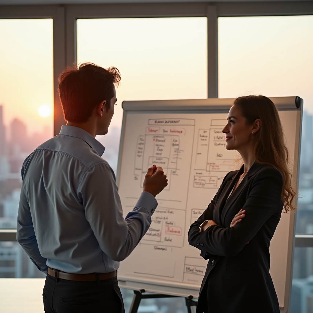 Two colleagues, a man and a woman in their late thirties, discussing a whiteboard covered in crawl budget diagrams in a bright meeting room