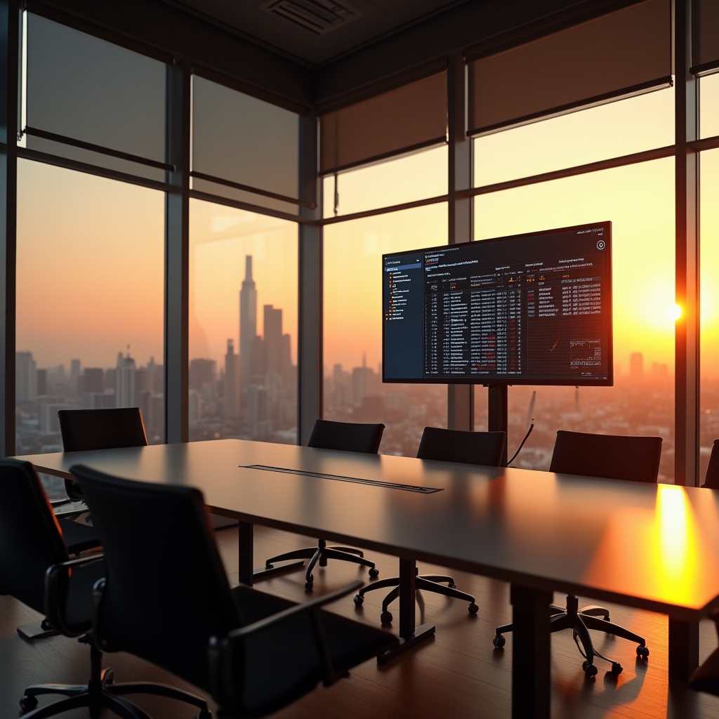 Wide shot of a modern glass office with a large monitor displaying server log data, city skyline visible through the windows at golden hour